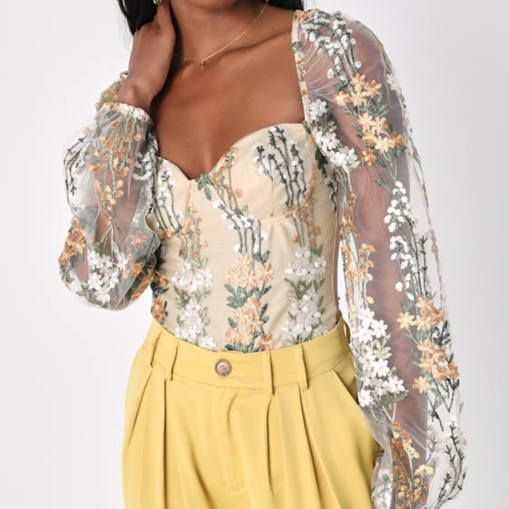 Lulus Essence Of Elegance Beige Embroidered Long Sleeve Bodysuit - Size M